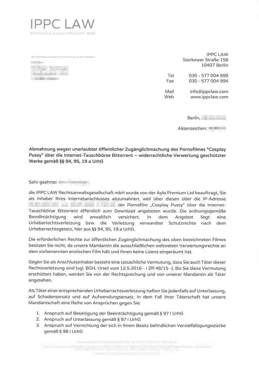 Abmahnungsschreiben von Kanzlei IPPC Law